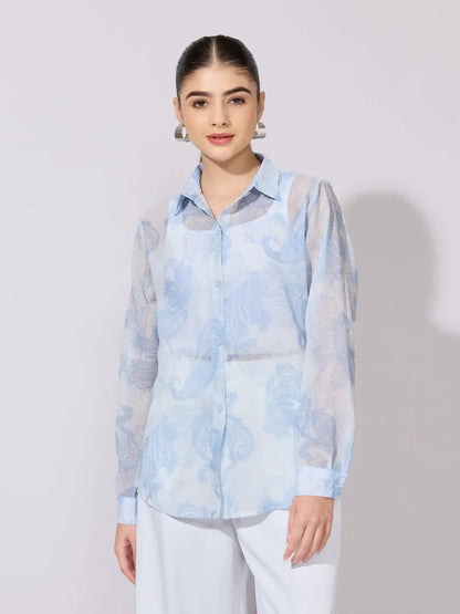 Women's Printed Blue Sheer Button-Down Shirt