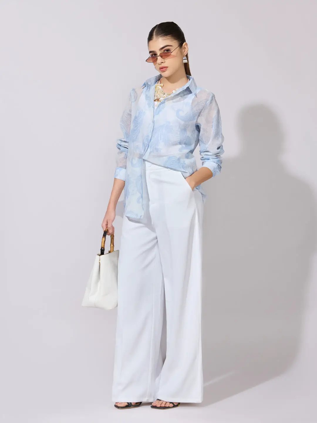 Women's Printed Blue Sheer Button-Down Shirt