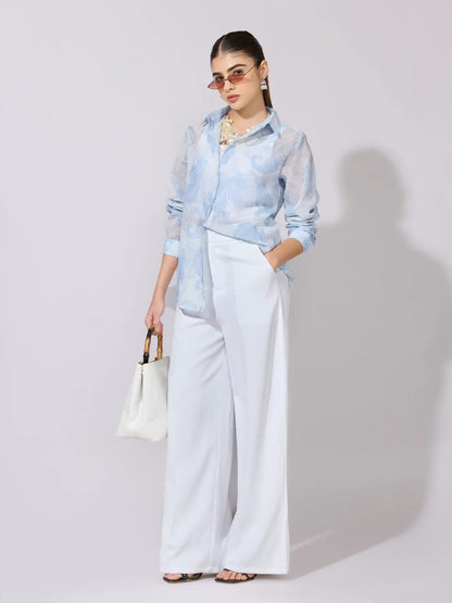 Women's Printed Blue Sheer Button-Down Shirt