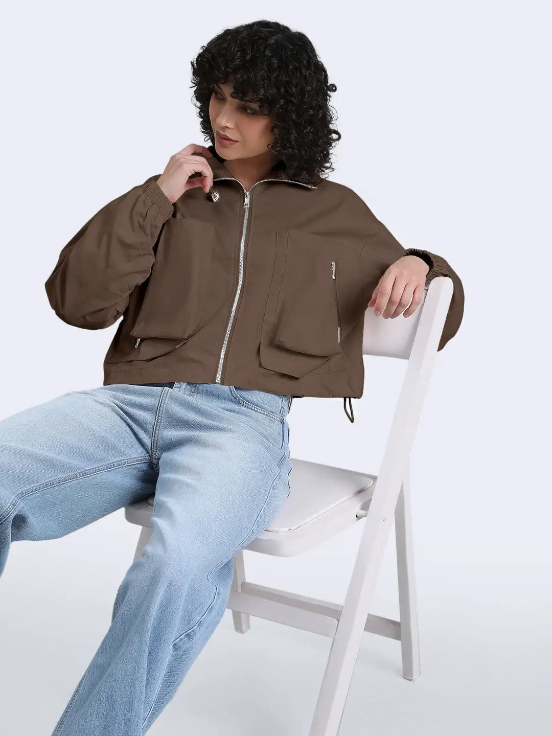 Women's Brown Bomber Zipper Jacket with Utility Pockets