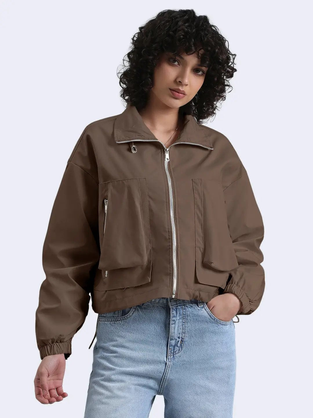 Women's Brown Bomber Zipper Jacket with Utility Pockets