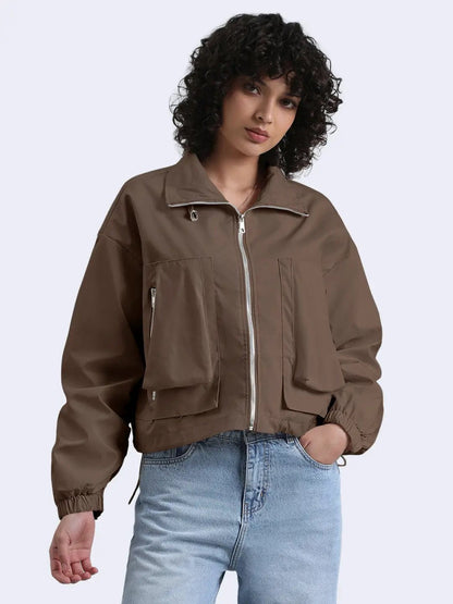Women's Brown Bomber Zipper Jacket with Utility Pockets