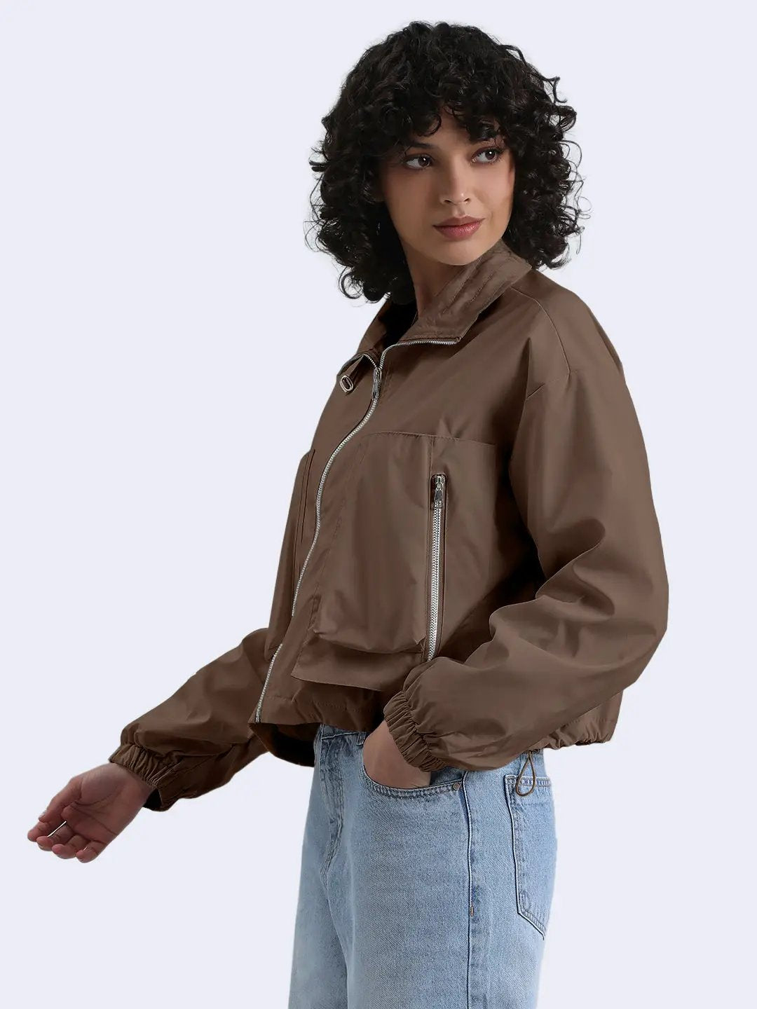 Women's Brown Bomber Zipper Jacket with Utility Pockets