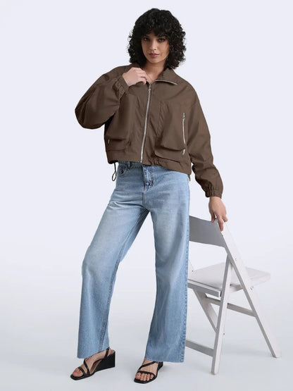 Women's Brown Bomber Zipper Jacket with Utility Pockets