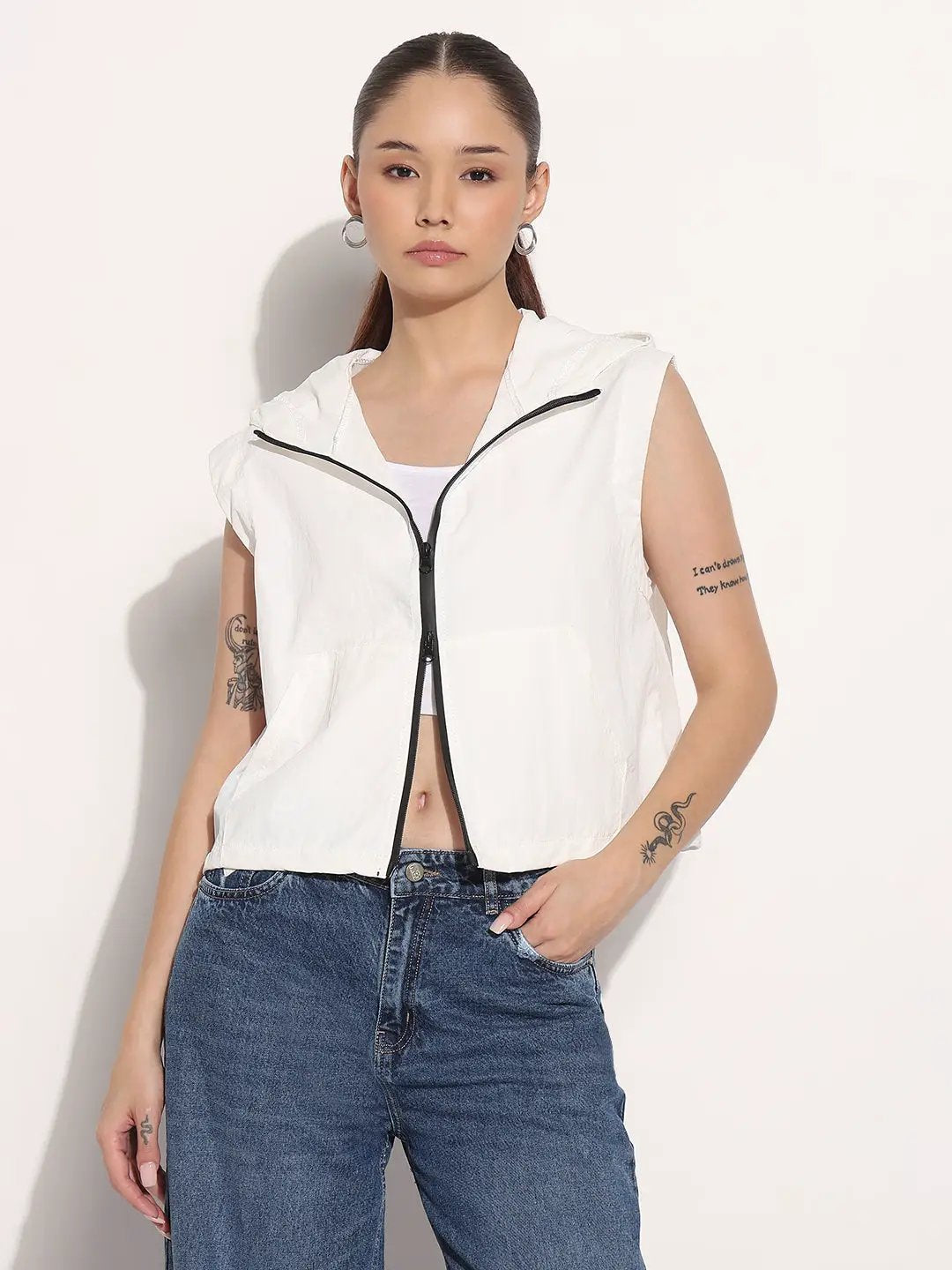 Women's White Hooded Sleeveless Bomber Jacket with Contrast Zipper