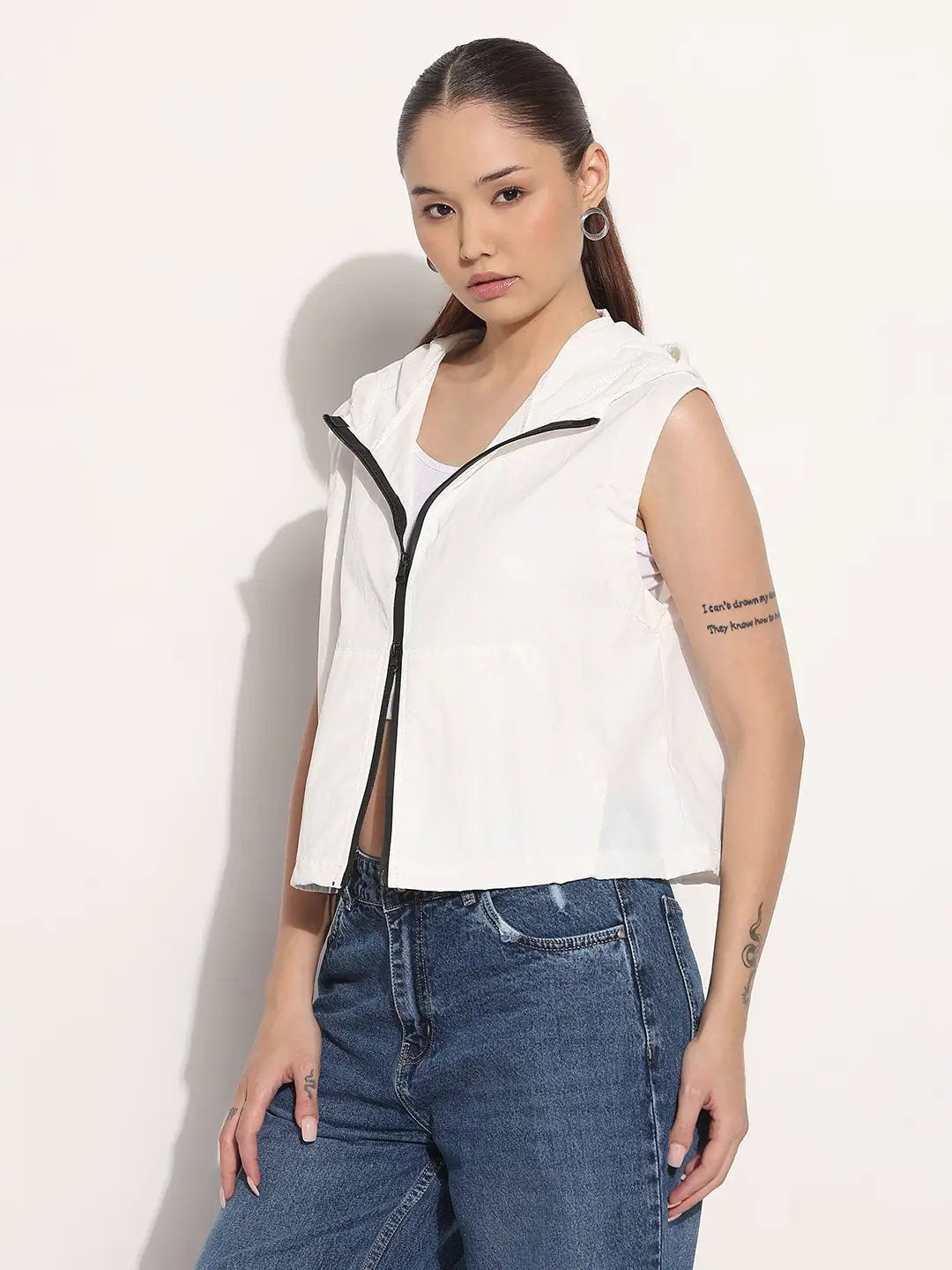 Women's White Hooded Sleeveless Bomber Jacket with Contrast Zipper