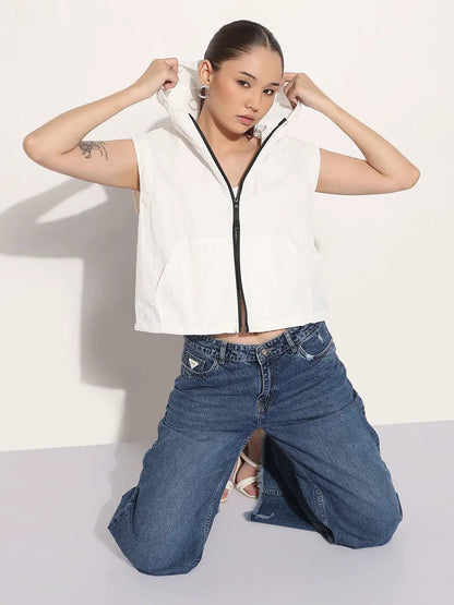 Women's White Hooded Sleeveless Bomber Jacket with Contrast Zipper