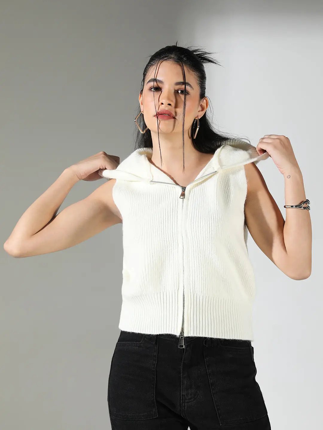 Women's Ribbed Cream Hooded Sleeveless Top with Zip