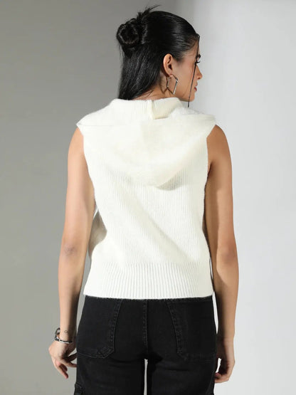 Women's Ribbed Cream Hooded Sleeveless Top with Zip