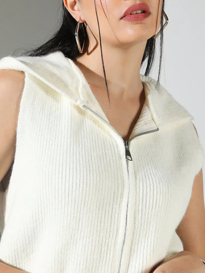 Women's Ribbed Cream Hooded Sleeveless Top with Zip