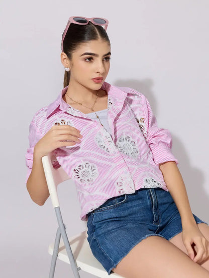 Women's Striped Pink Lace Applique Shirt