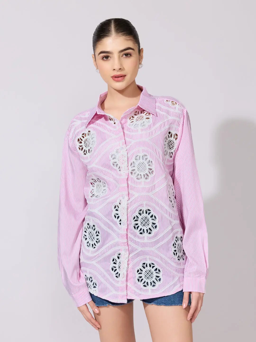 Women's Striped Pink Lace Applique Shirt