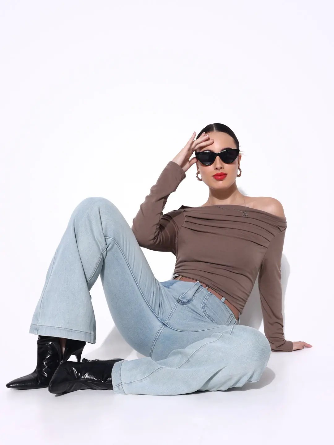Women's Pleated Olive Boat Neck Full Sleeves Top