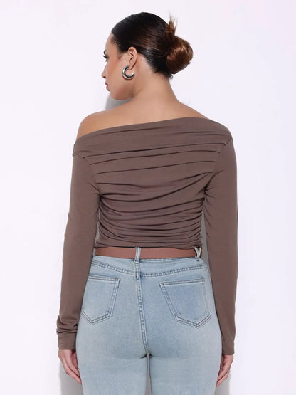Women's Pleated Olive Boat Neck Full Sleeves Top