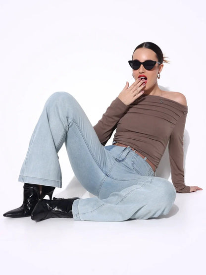 Women's Pleated Olive Boat Neck Full Sleeves Top