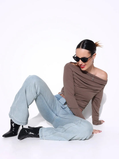 Women's Pleated Olive Boat Neck Full Sleeves Top