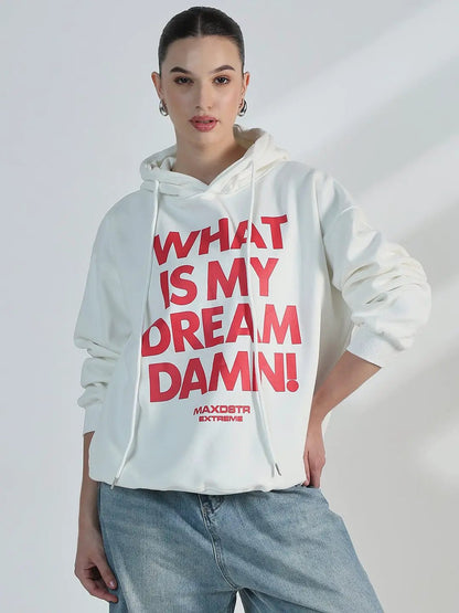 Women's Typography White Oversized Hoodie