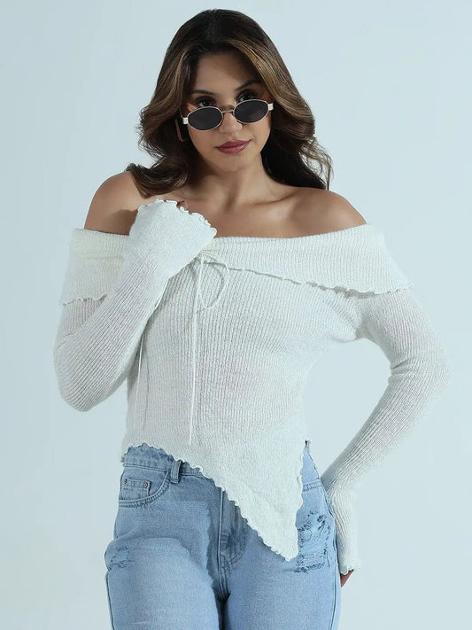 Women's Textured Brown Asymmetric Off-Shoulder Knit Top with Wood Button