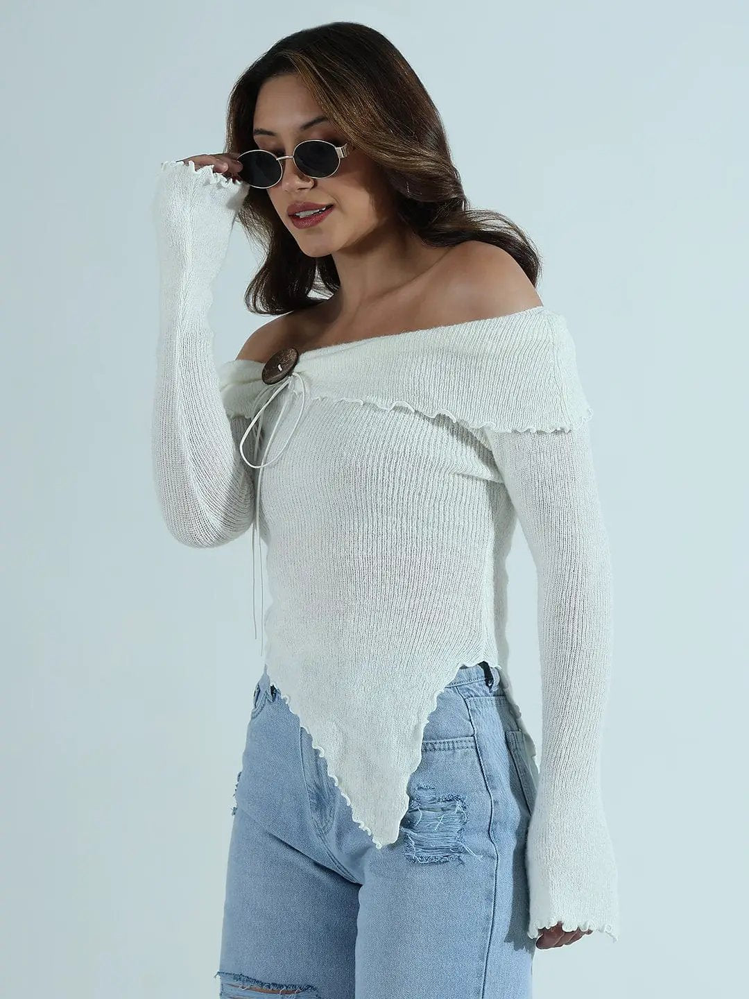 Women's Textured Brown Asymmetric Off-Shoulder Knit Top with Wood Button