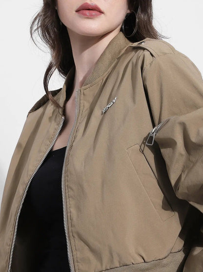 Women's Khaki Bomber Jacket with Utility Sleeve Pocket