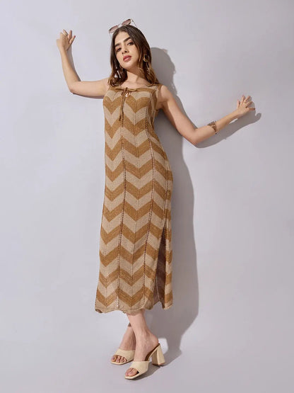Women's Knitted Brown Chevron Pattern Sleeveless Midi Dress