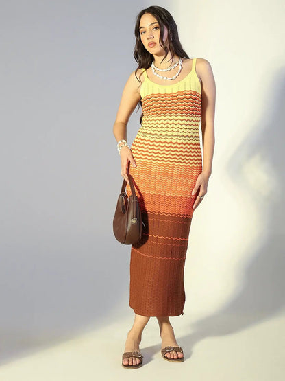 Women's Colour blocked Brown Chevron Knit Maxi Dress