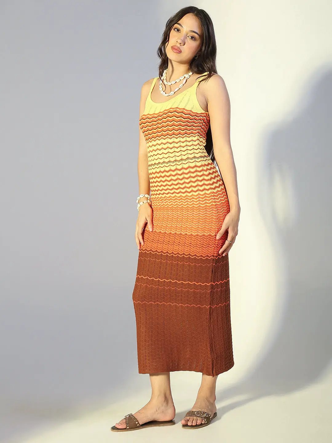 Women's Colour blocked Brown Chevron Knit Maxi Dress