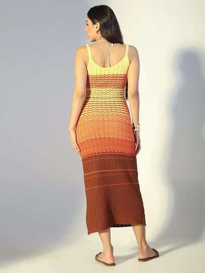 Women's Colour blocked Brown Chevron Knit Maxi Dress