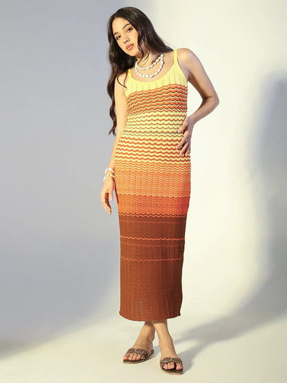 Women's Colour blocked Brown Chevron Knit Maxi Dress