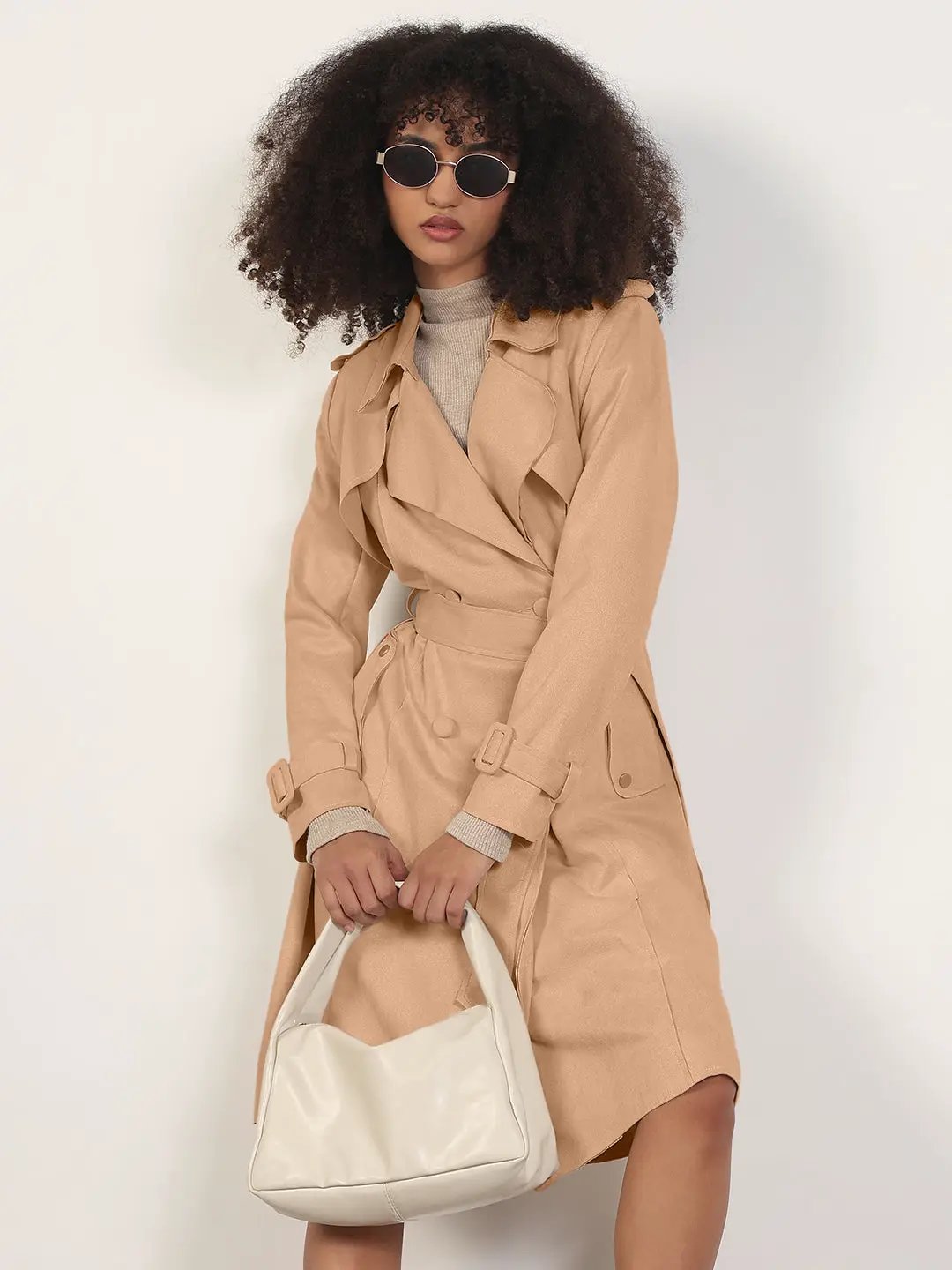 Women's Brown Trench Coat with Belted Waist