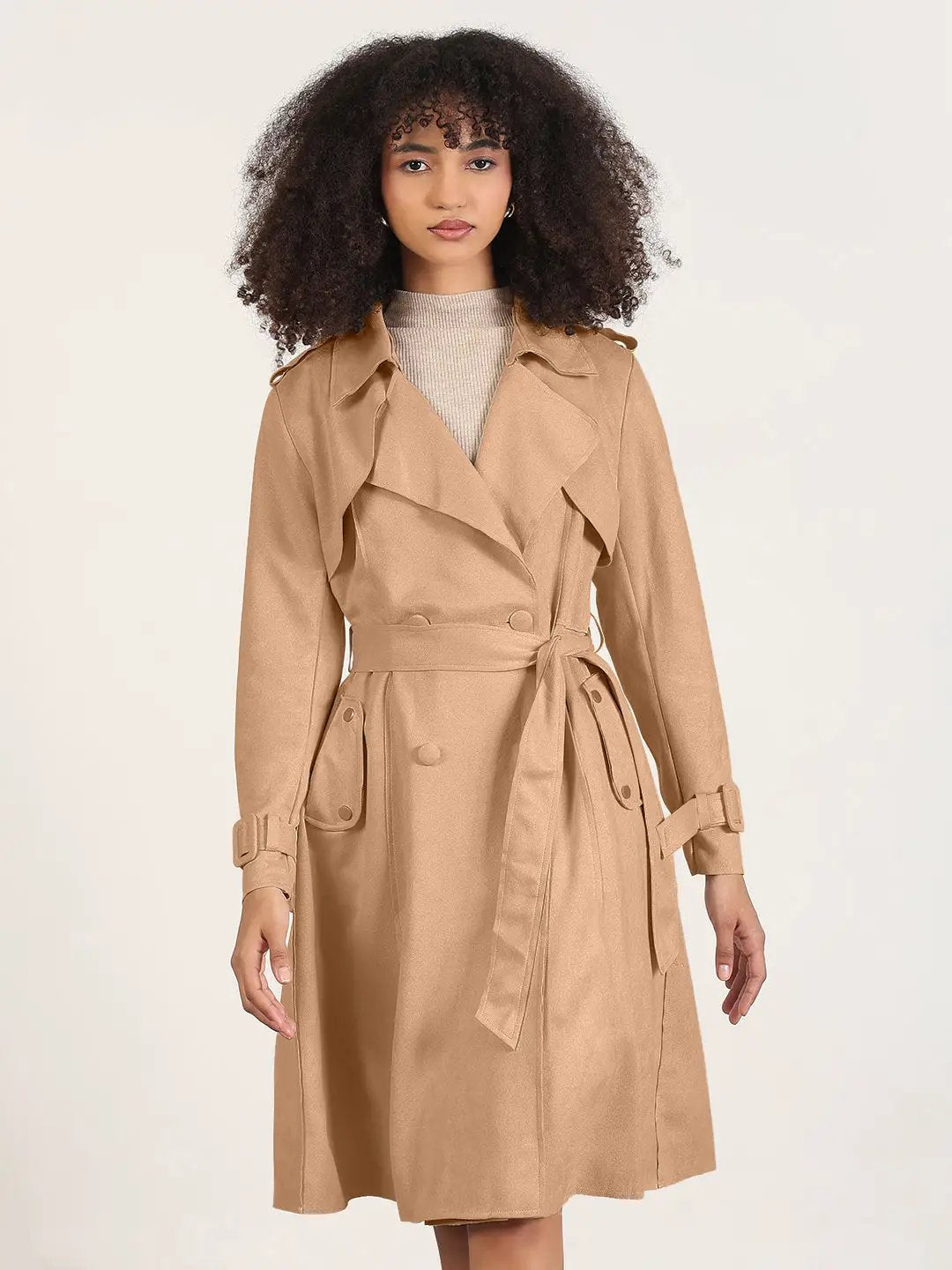 Women's Brown Trench Coat with Belted Waist