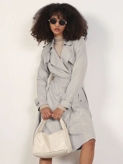 Women's Grey Trench Coat with Belted Waist