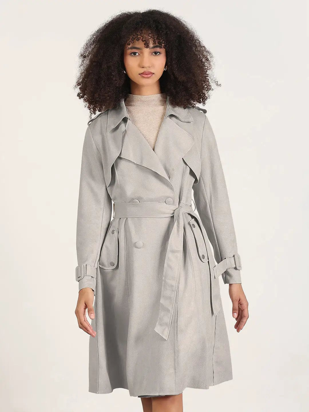 Women's Grey Trench Coat with Belted Waist
