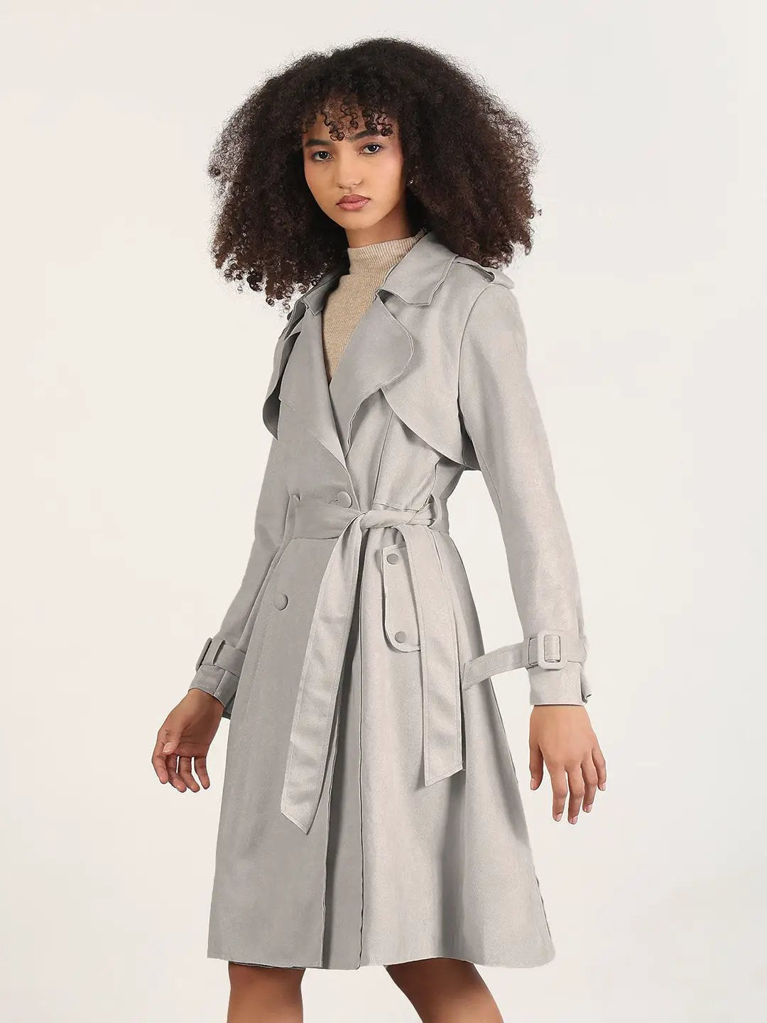 Women's Grey Trench Coat with Belted Waist
