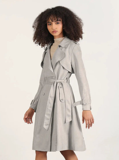 Women's Grey Trench Coat with Belted Waist