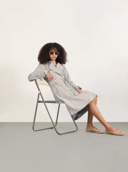 Women's Grey Trench Coat with Belted Waist