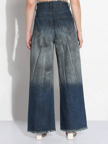 Women's Blue Embellished High Rise Frayed Hem Wide Leg Two-Tone Jeans