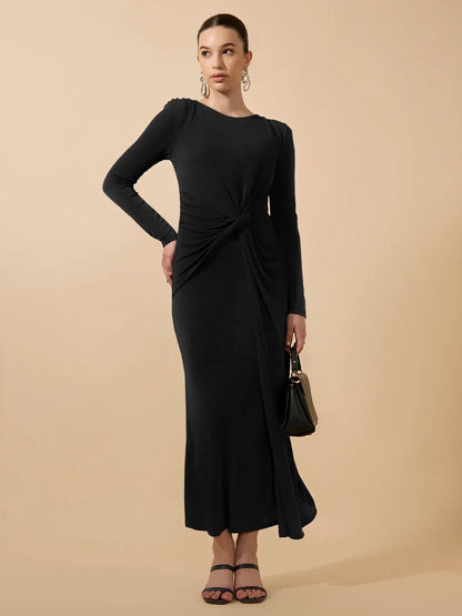 Women's Black Long Sleeve Bodycon Dress with Side Knot Draping