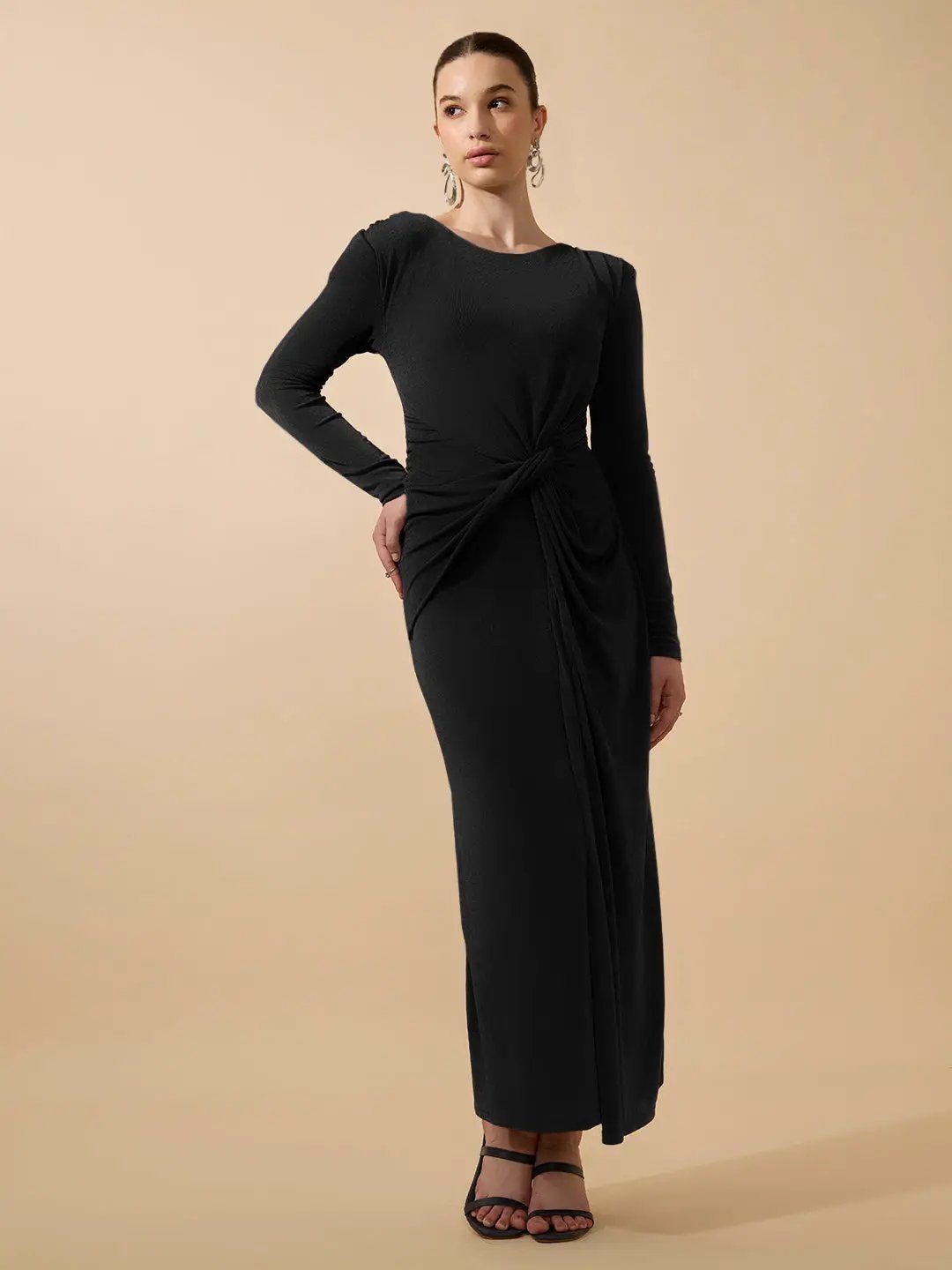 Women's Black Long Sleeve Bodycon Dress with Side Knot Draping