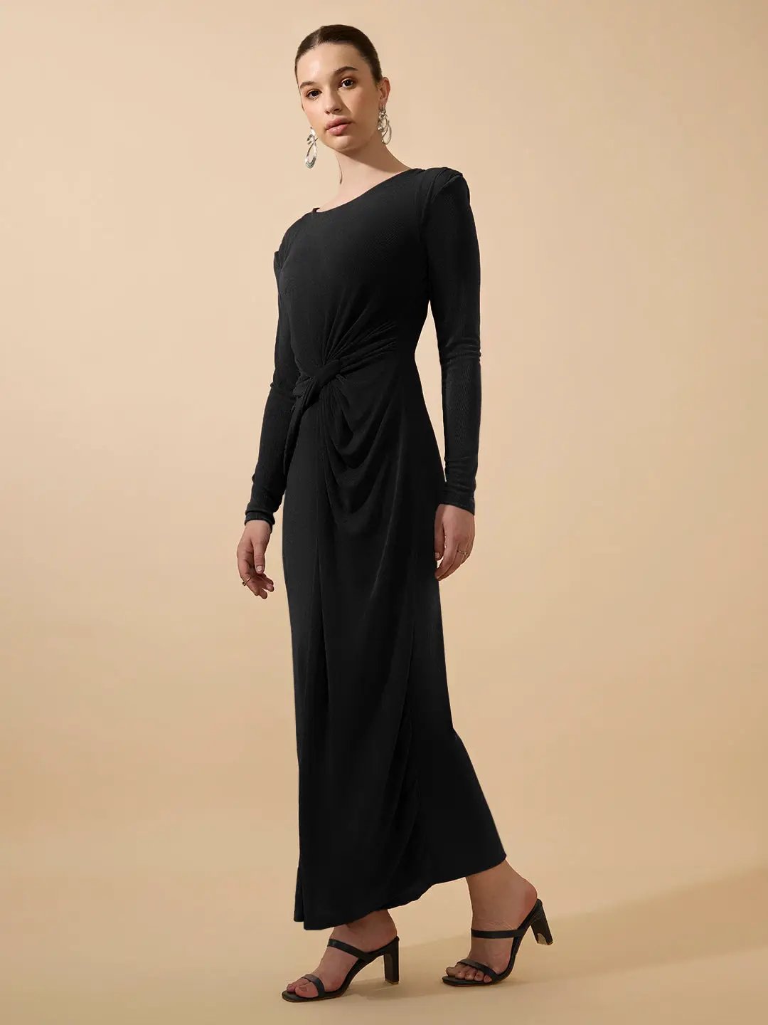 Women's Black Long Sleeve Bodycon Dress with Side Knot Draping