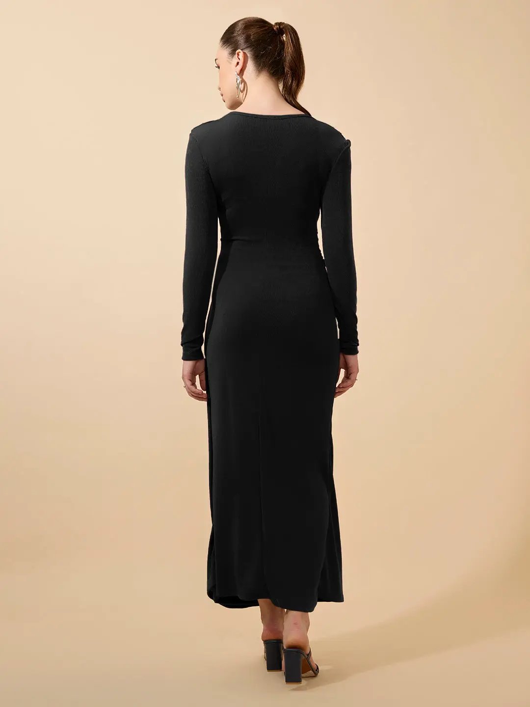 Women's Black Long Sleeve Bodycon Dress with Side Knot Draping