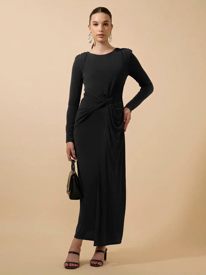 Women's Black Long Sleeve Bodycon Dress with Side Knot Draping