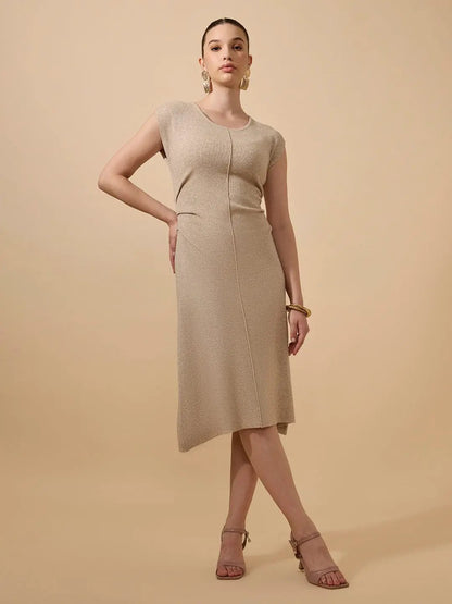 Women's Ribbed Beige Round Neck Midi Dress with Side Pleats