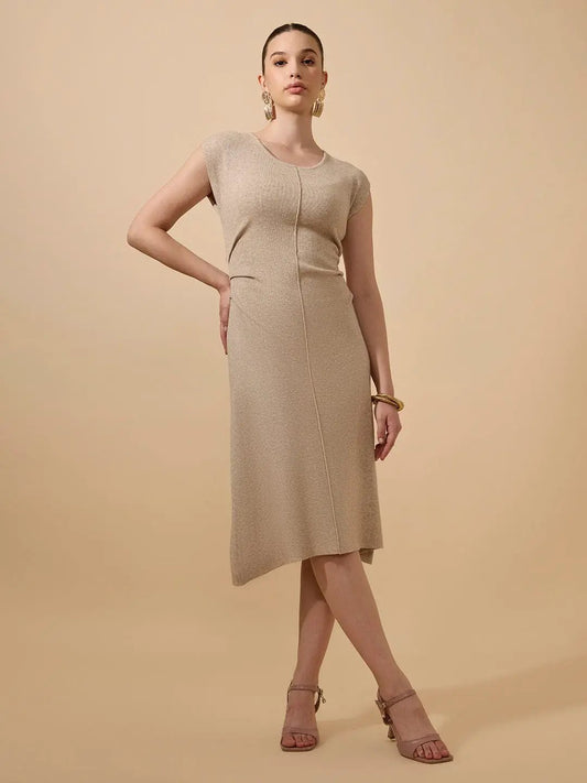 Women's Ribbed Beige Round Neck Midi Dress with Side Pleats