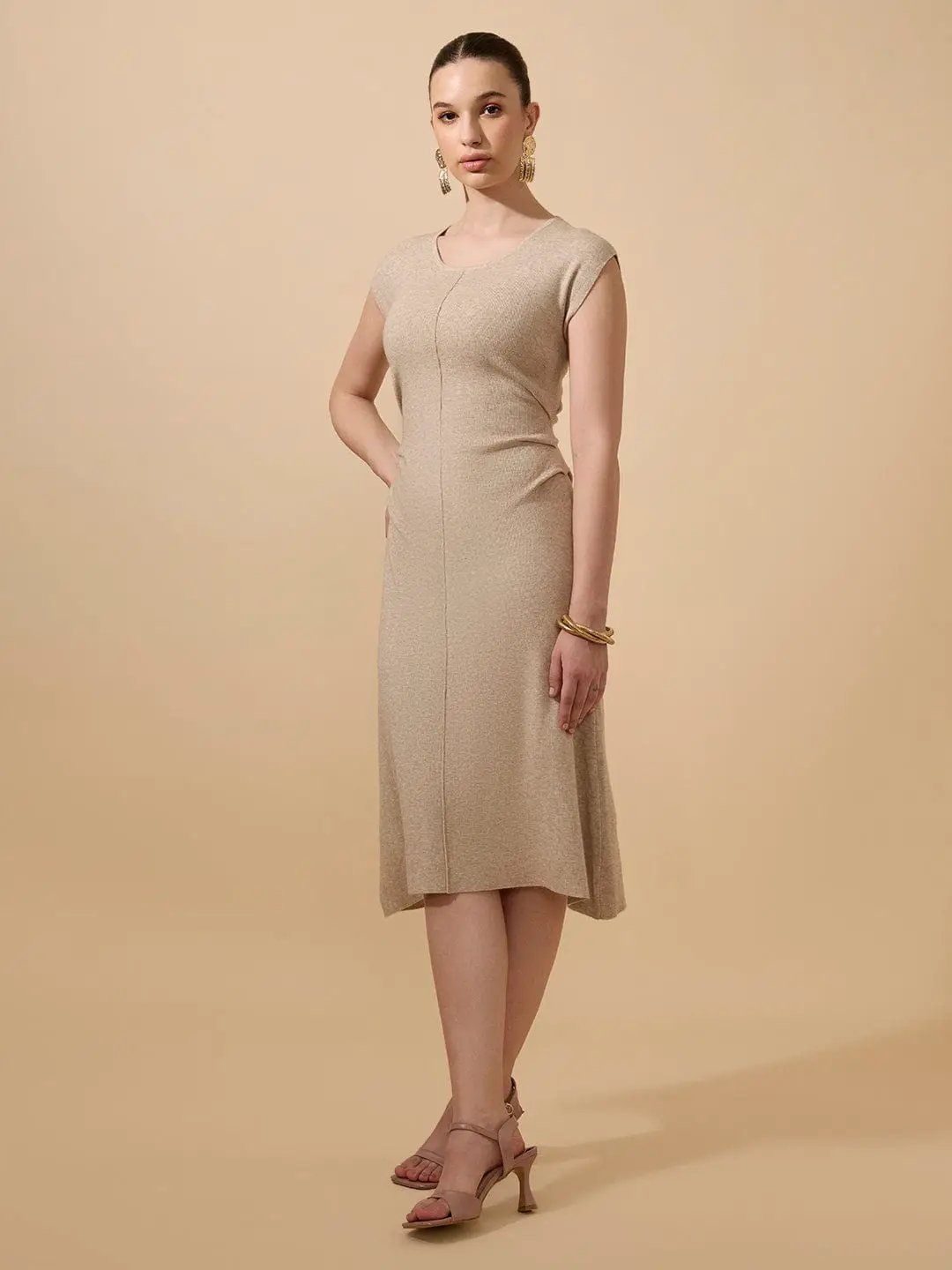 Women's Ribbed Beige Round Neck Midi Dress with Side Pleats