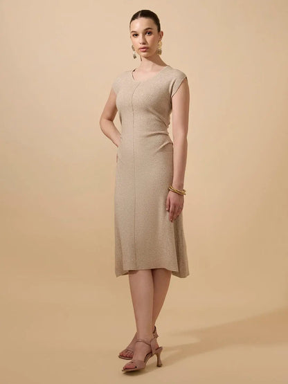 Women's Ribbed Beige Round Neck Midi Dress with Side Pleats