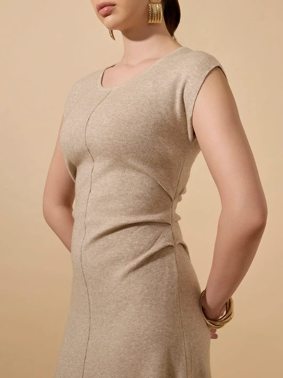 Women's Ribbed Beige Round Neck Midi Dress with Side Pleats