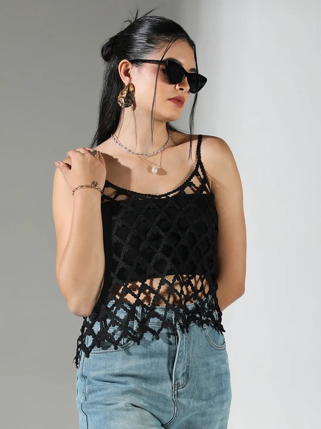 Women's Textured Cut Out Black V-Neck Top