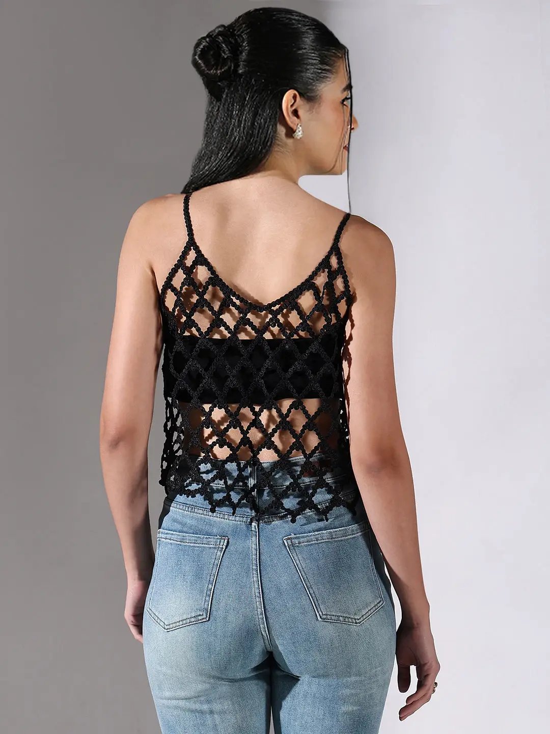Women's Textured Cut Out Black V-Neck Top