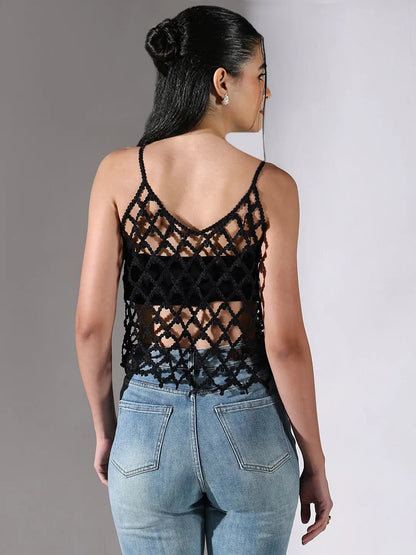 Women's Textured Cut Out Black V-Neck Top